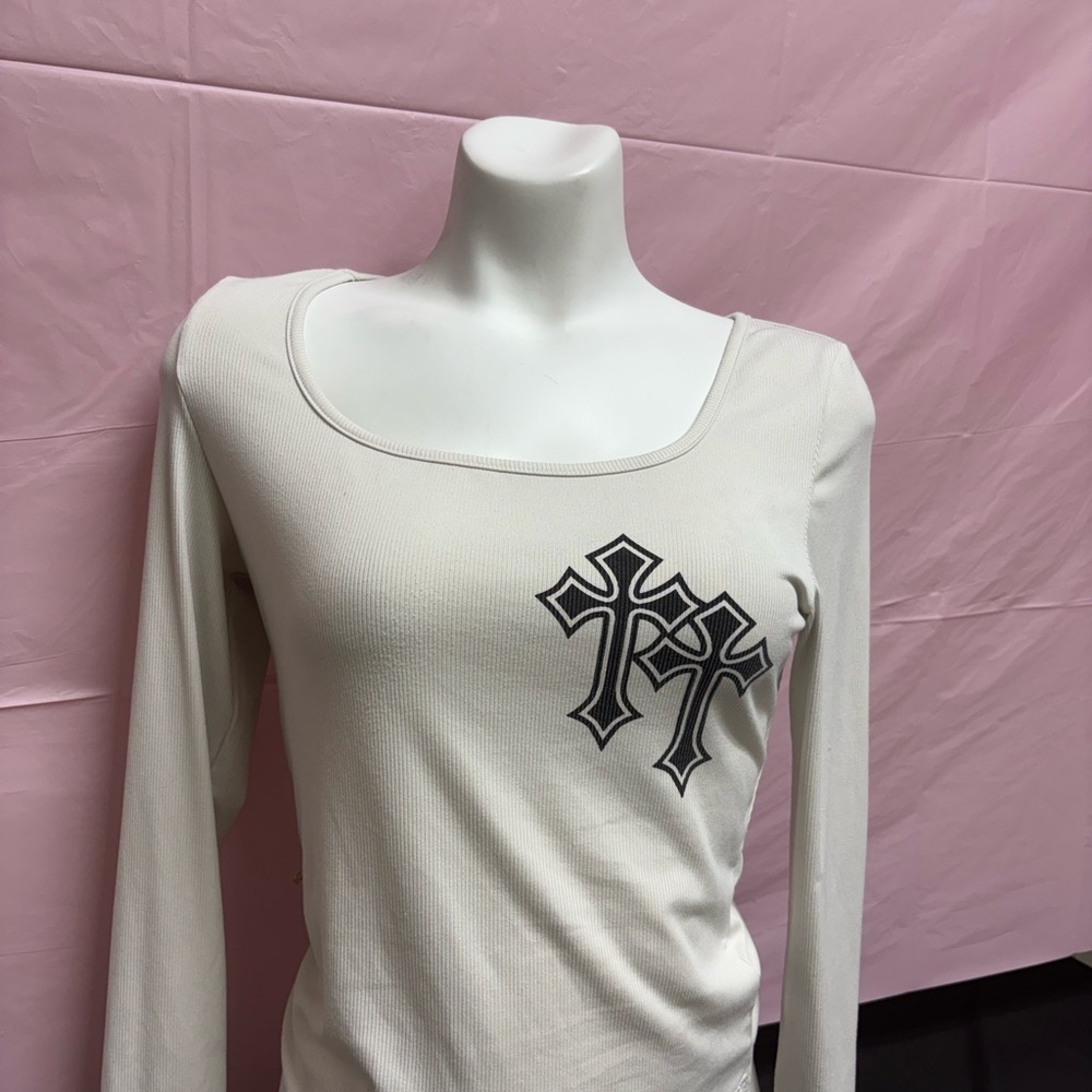 Women's Cream Long Sleeve Top with Cross Design